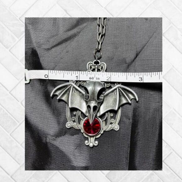 "Evil Bat" Bird Skeleton Head and Ruby-Colored Austrian Crystal Pendant - Picture 9 of 11